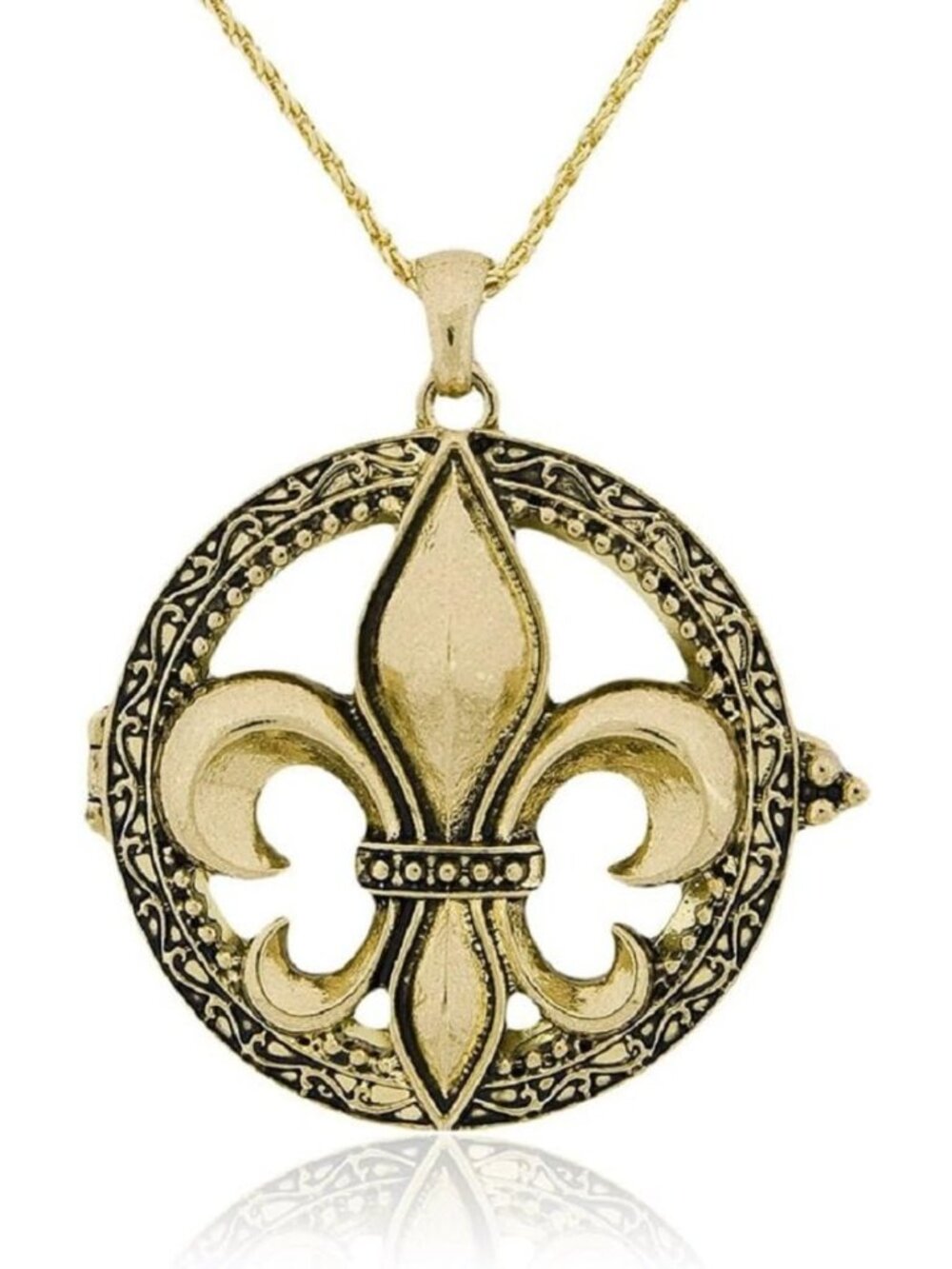 Elegant Fleur De Lis Pendant Necklace with Magnifying Glass, 30" Gold Tone